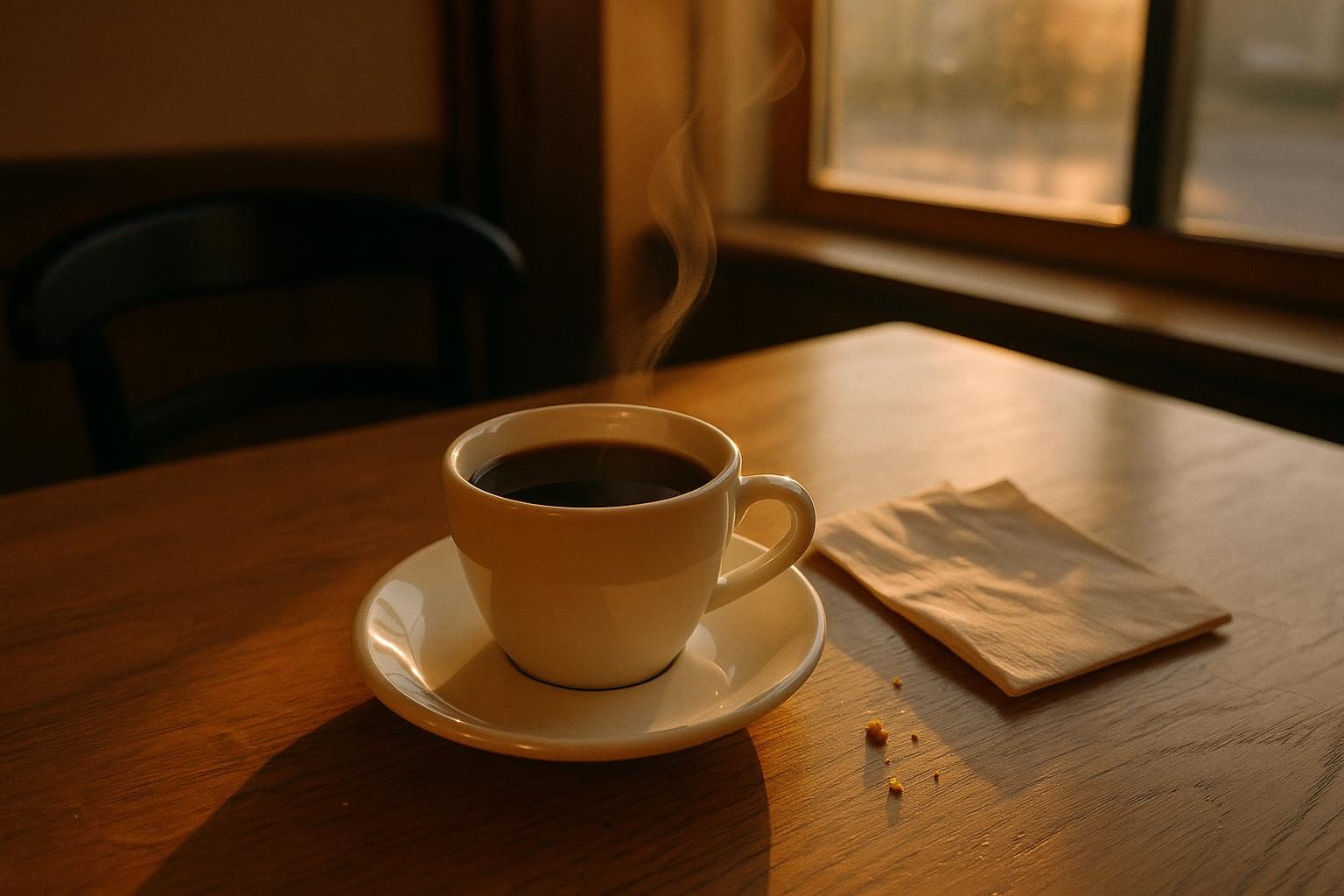 A plain cup of black coffee and a folded napkin on a wooden table, low window light